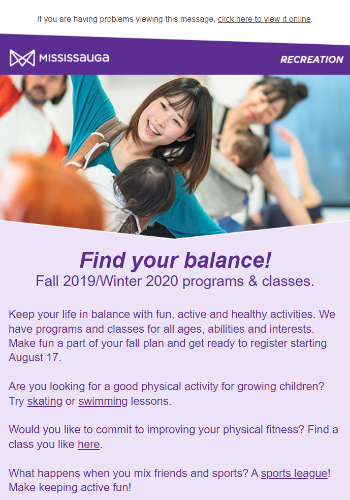 City of Mississauga Recreation eNews Bulletin preview